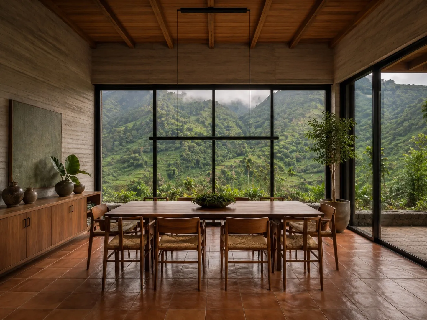 Comedor interior con ventanal al valle