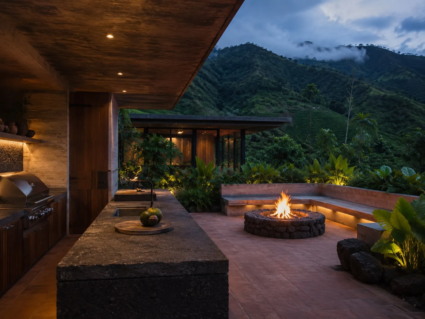 Cocina exterior y parrilla bajo el alero