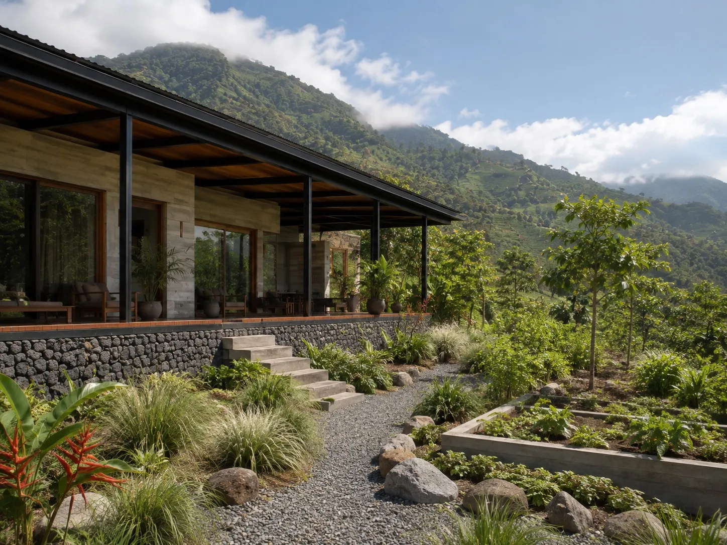 Jardín nativo, huerta y árboles frutales